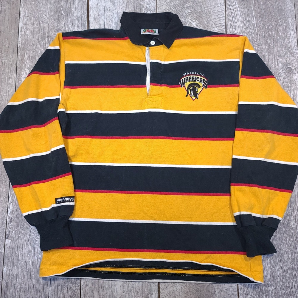 Barbarian Rugby Shirt Mens Large Yellow Waterloo Warriors Striped Long Sleeve
